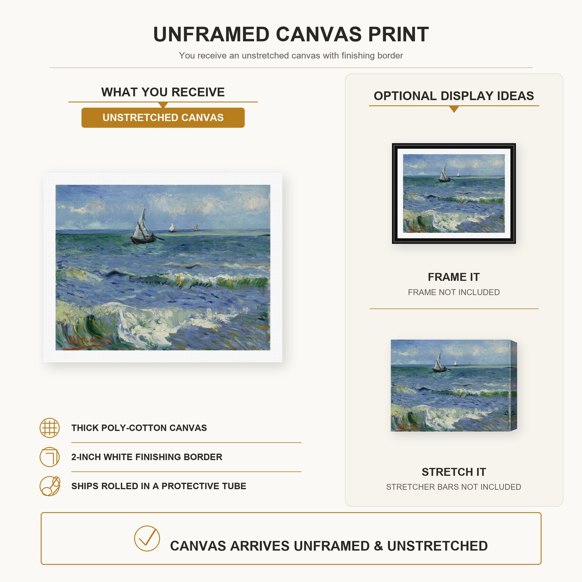 Vincent van Gogh - Seascape Near Les Saintes Maries De La Mer canvas print size comparison and framing display infographic
