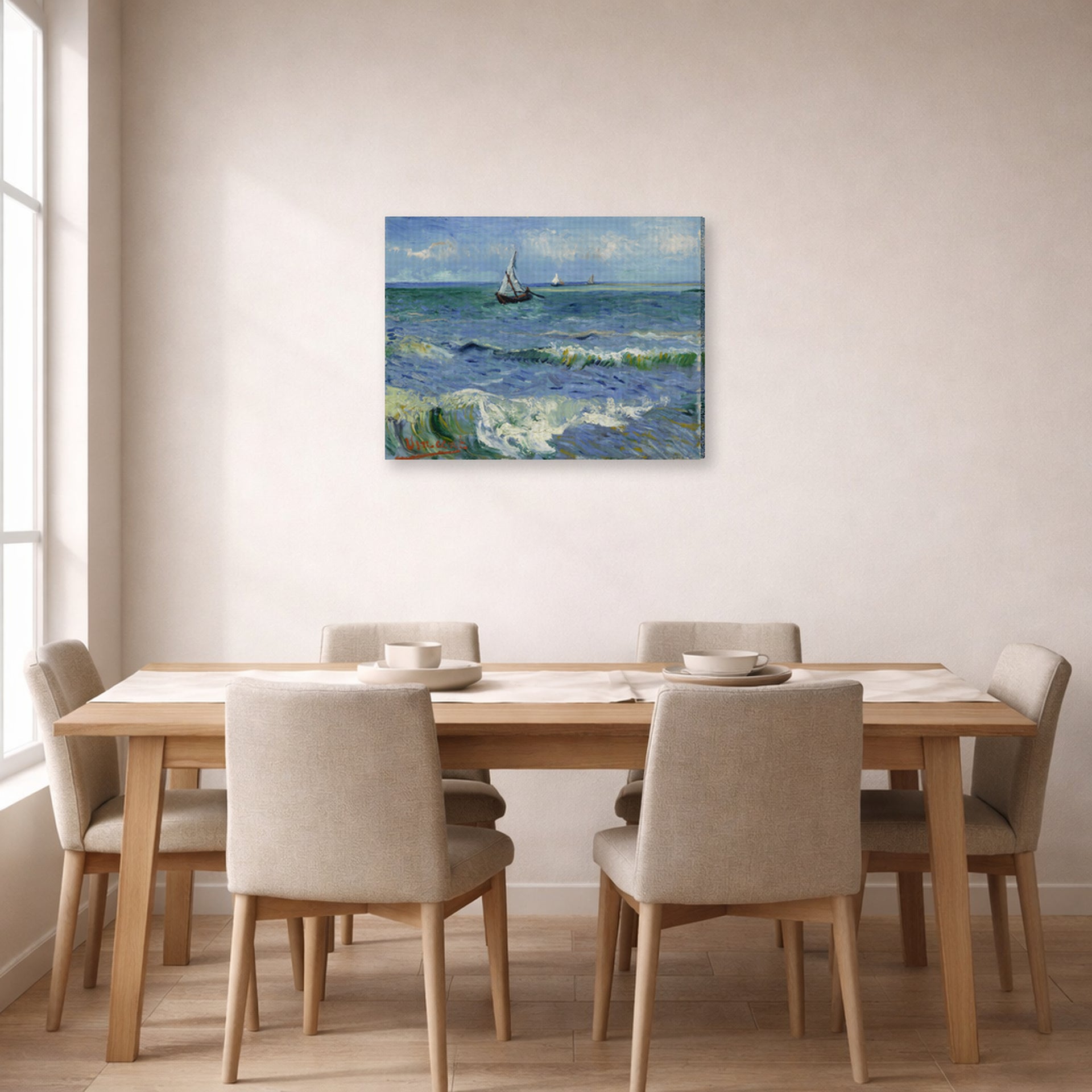 Gallery-wrapped canvas print of Vincent van Gogh's Seascape Near Les Saintes Maries De La Mer displayed on a wall in a dining room