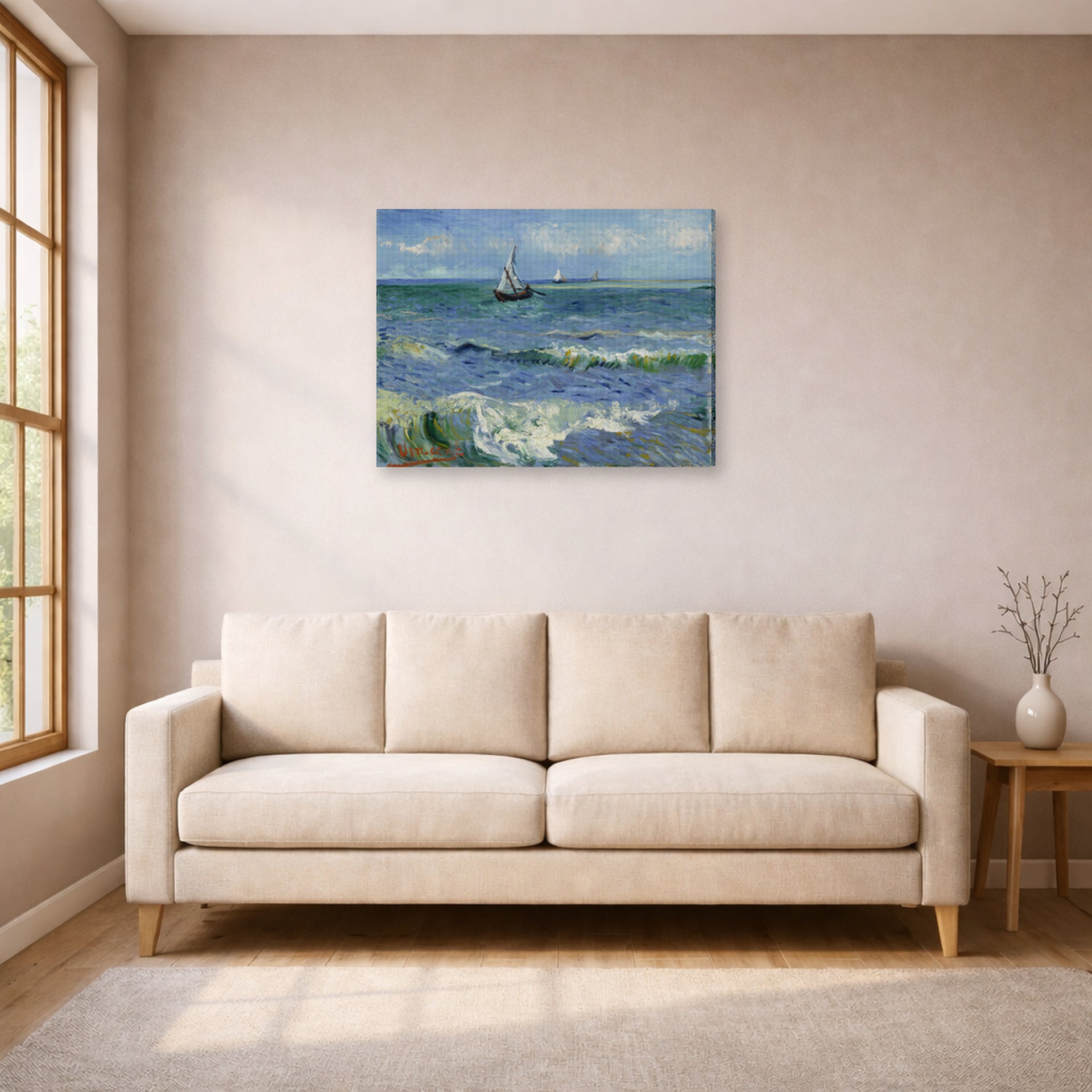Gallery-wrapped canvas print of Vincent van Gogh's Seascape Near Les Saintes Maries De La Mer displayed on a wall in a living room