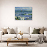 Gallery-wrapped canvas print of Vincent van Gogh's Seascape Near Les Saintes Maries De La Mer displayed on a wall in a living room