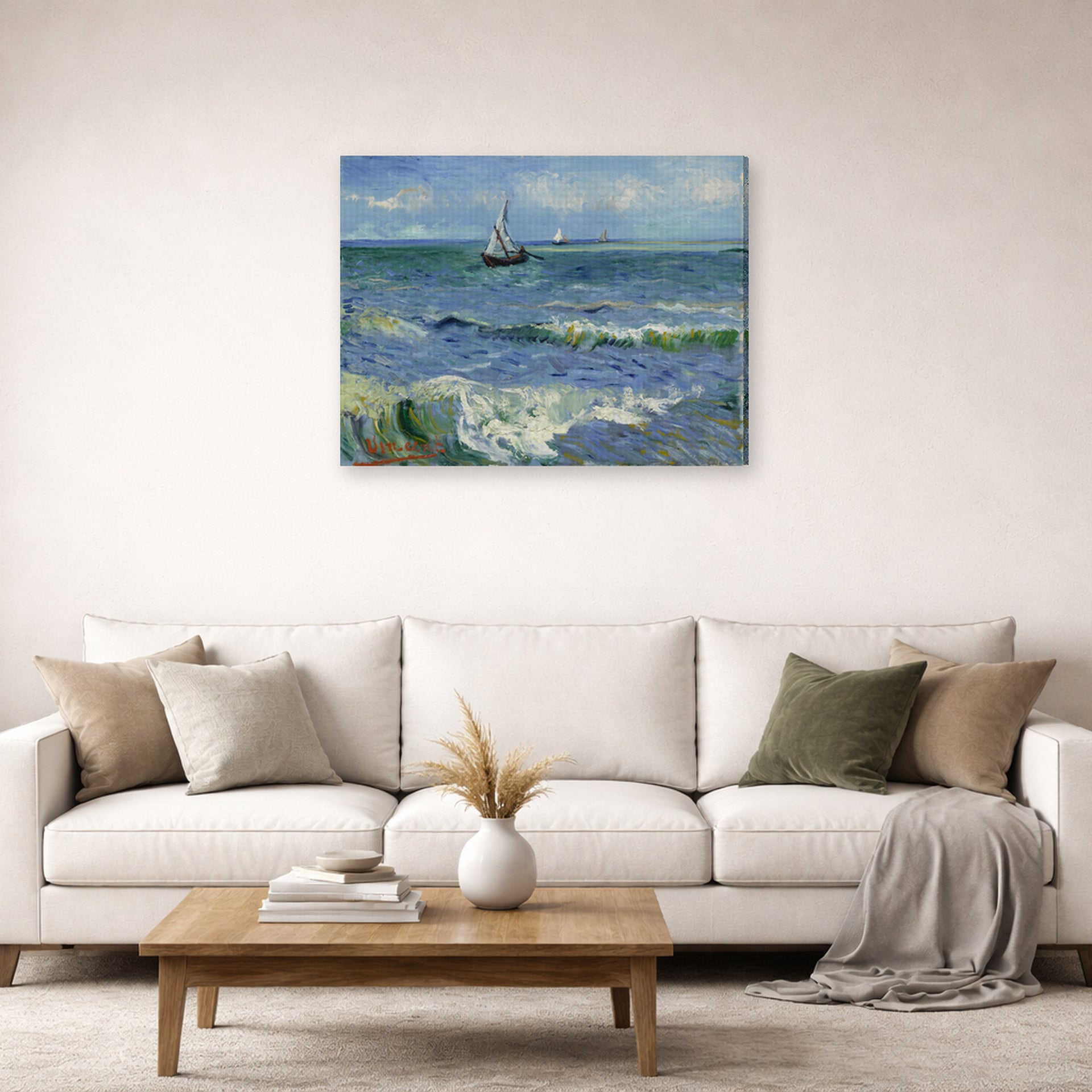 Gallery-wrapped canvas print of Vincent van Gogh's Seascape Near Les Saintes Maries De La Mer displayed on a wall in a living room