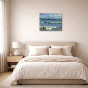 Unframed poster print of Vincent van Gogh's Seascape Near Les Saintes Maries De La Mer displayed on a wall in a bedroom