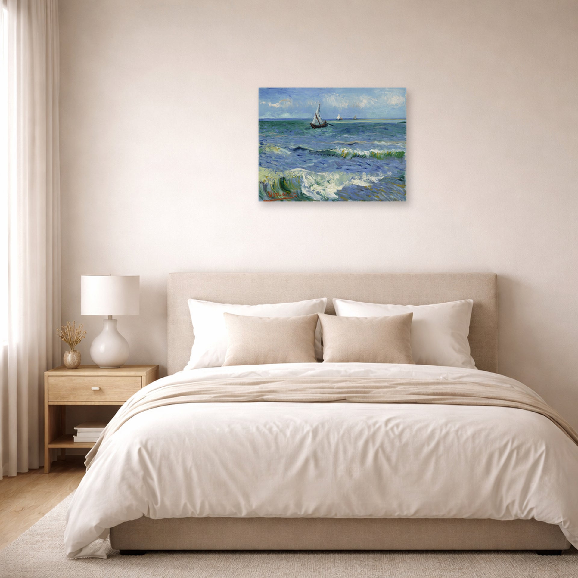 Unframed poster print of Vincent van Gogh's Seascape Near Les Saintes Maries De La Mer displayed on a wall in a bedroom