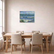 Unframed poster print of Vincent van Gogh's Seascape Near Les Saintes Maries De La Mer displayed on a wall in a dining room