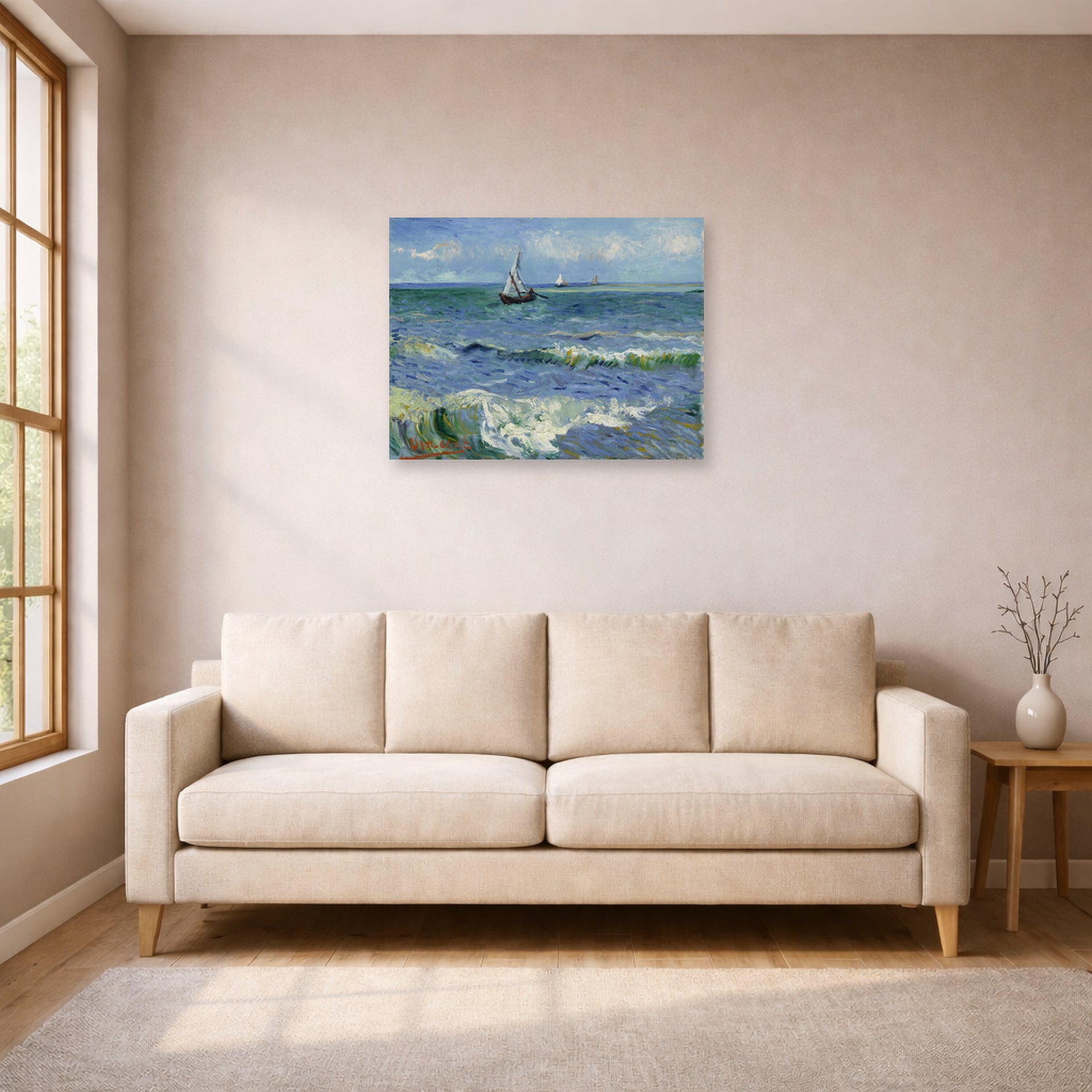 Unframed poster print of Vincent van Gogh's Seascape Near Les Saintes Maries De La Mer displayed on a wall in a living room