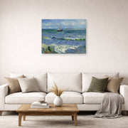 Unframed poster print of Vincent van Gogh's Seascape Near Les Saintes Maries De La Mer displayed on a wall in a living room