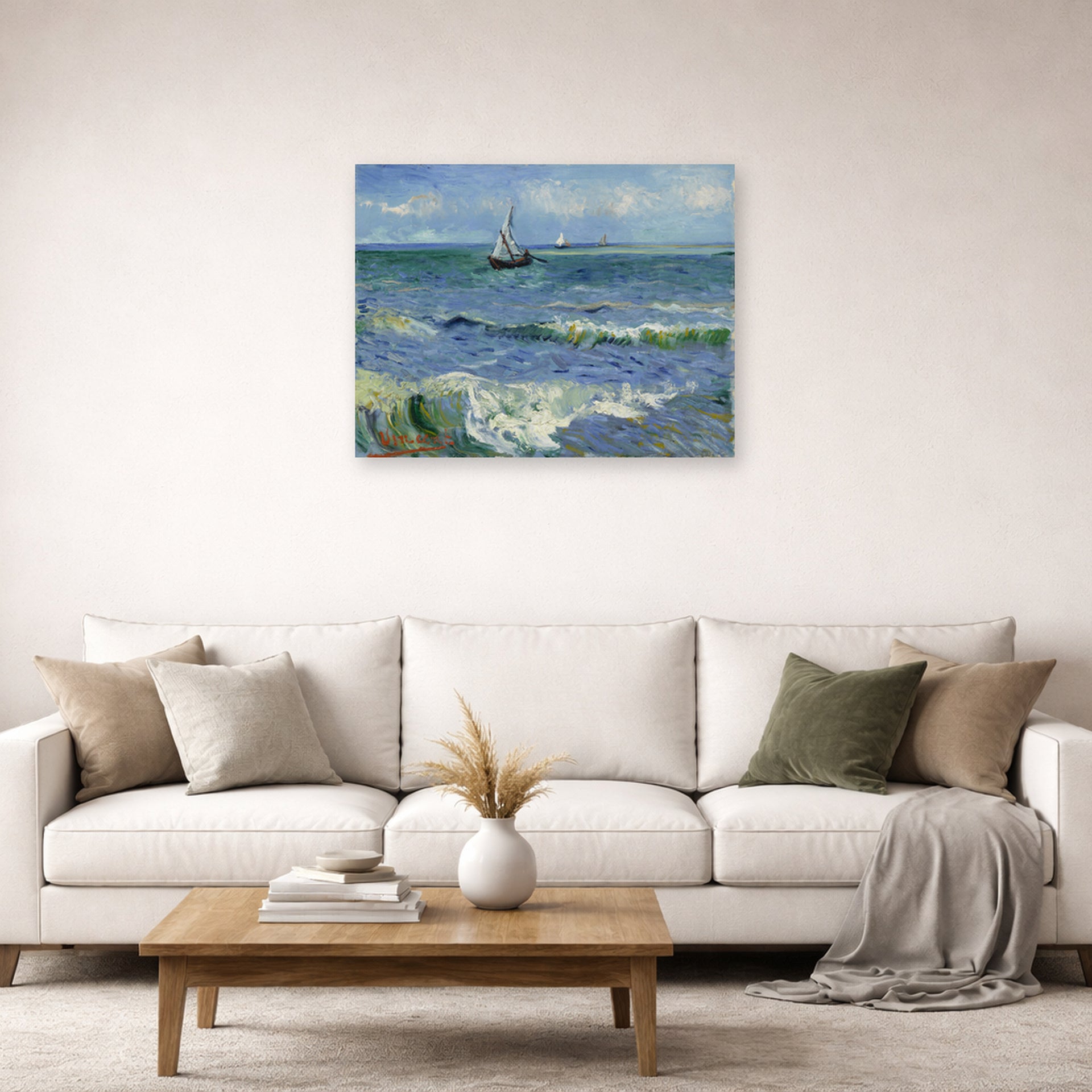 Unframed poster print of Vincent van Gogh's Seascape Near Les Saintes Maries De La Mer displayed on a wall in a living room