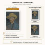 Vincent van Gogh - Self Portrait with Straw Hat and Pipe canvas print size comparison and framing display infographic
