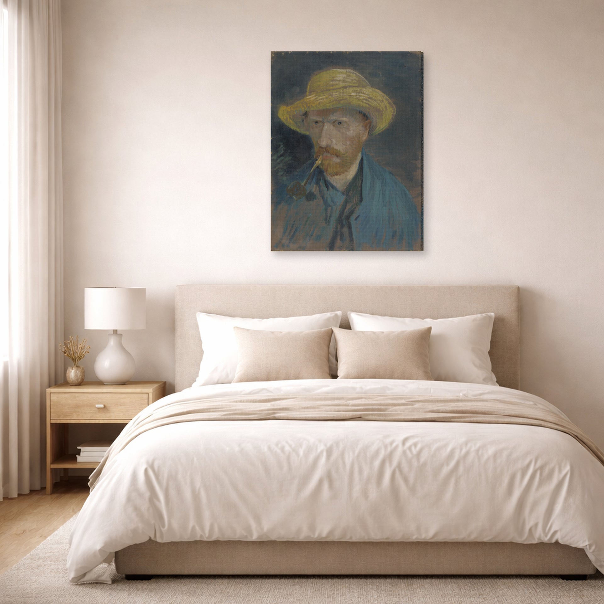 Gallery-wrapped canvas print of Vincent van Gogh's Self Portrait with Straw Hat and Pipe displayed on a wall in a bedroom
