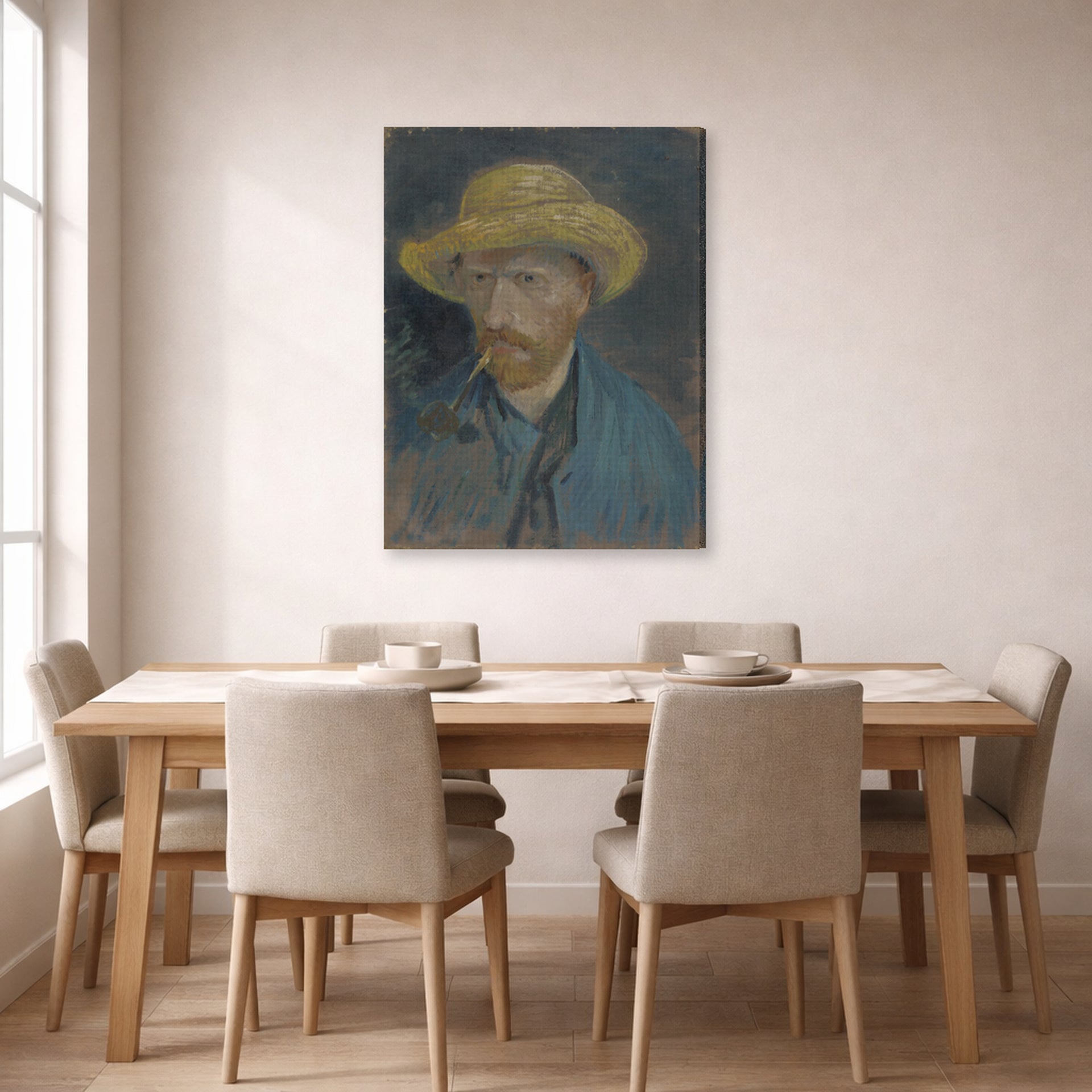 Gallery-wrapped canvas print of Vincent van Gogh's Self Portrait with Straw Hat and Pipe displayed on a wall in a dining room