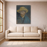 Gallery-wrapped canvas print of Vincent van Gogh's Self Portrait with Straw Hat and Pipe displayed on a wall in a living room