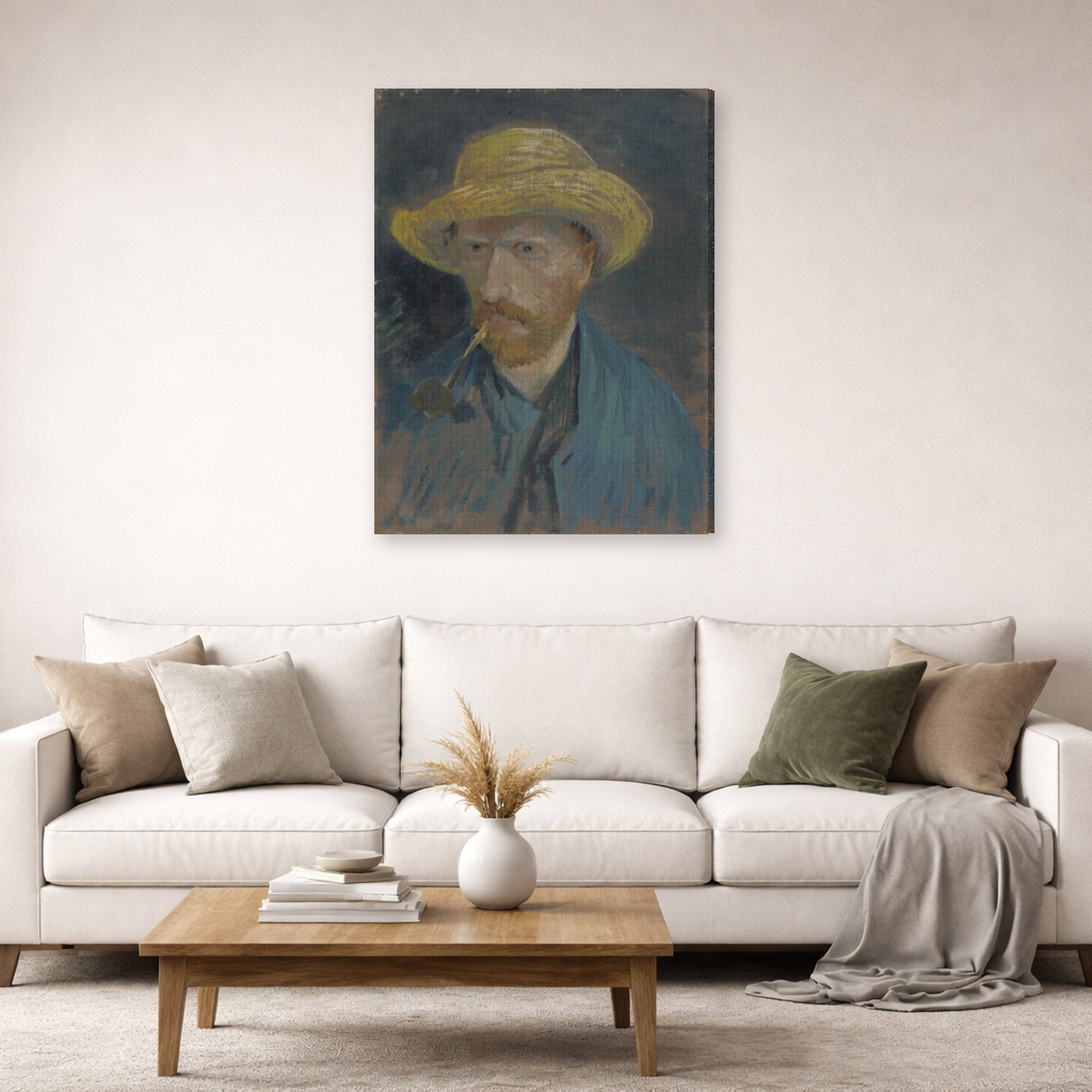 Gallery-wrapped canvas print of Vincent van Gogh's Self Portrait with Straw Hat and Pipe displayed on a wall in a living room