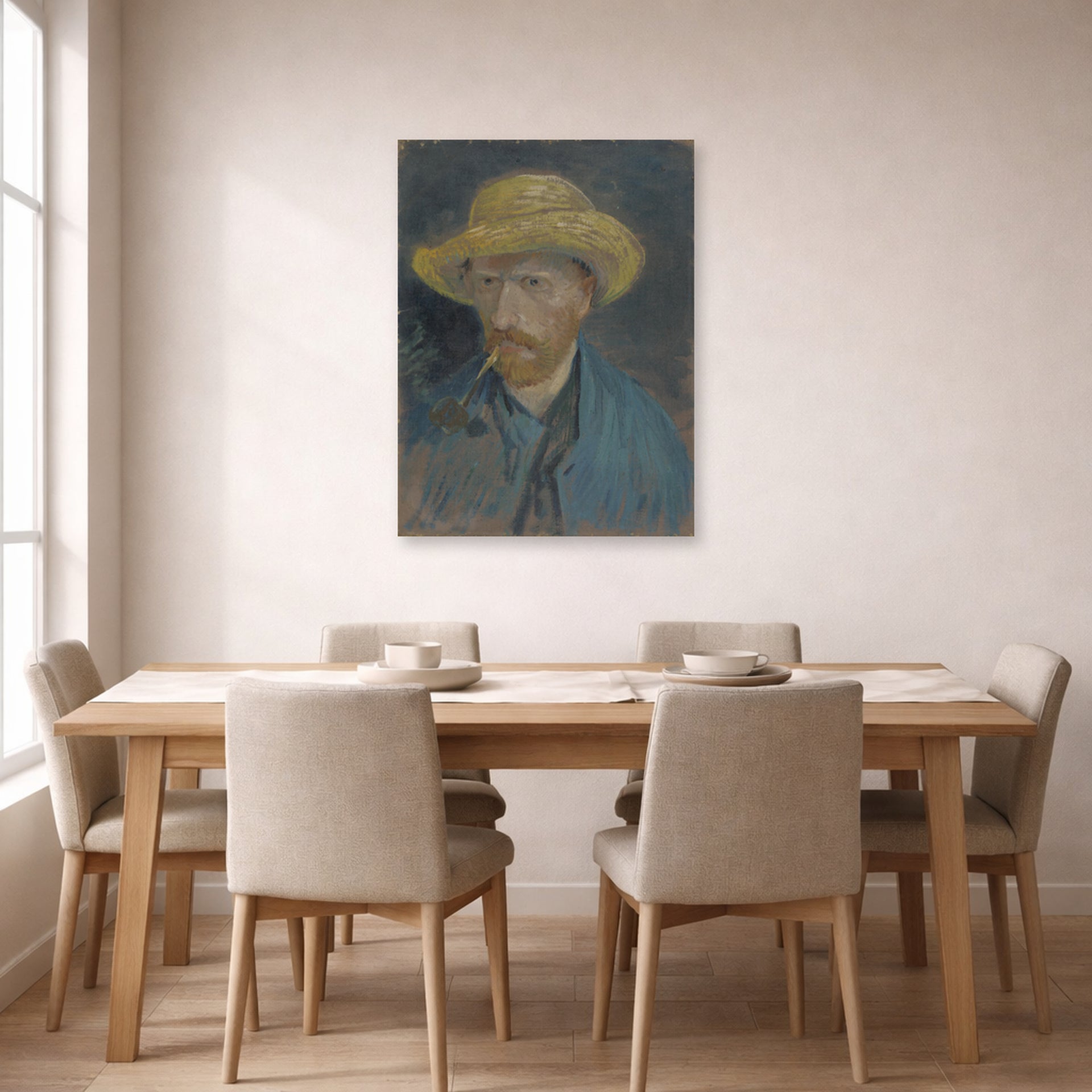 Unframed poster print of Vincent van Gogh's Self Portrait with Straw Hat and Pipe displayed on a wall in a dining room
