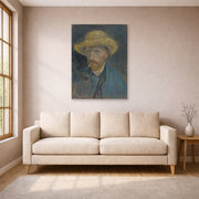 Unframed poster print of Vincent van Gogh's Self Portrait with Straw Hat and Pipe displayed on a wall in a living room