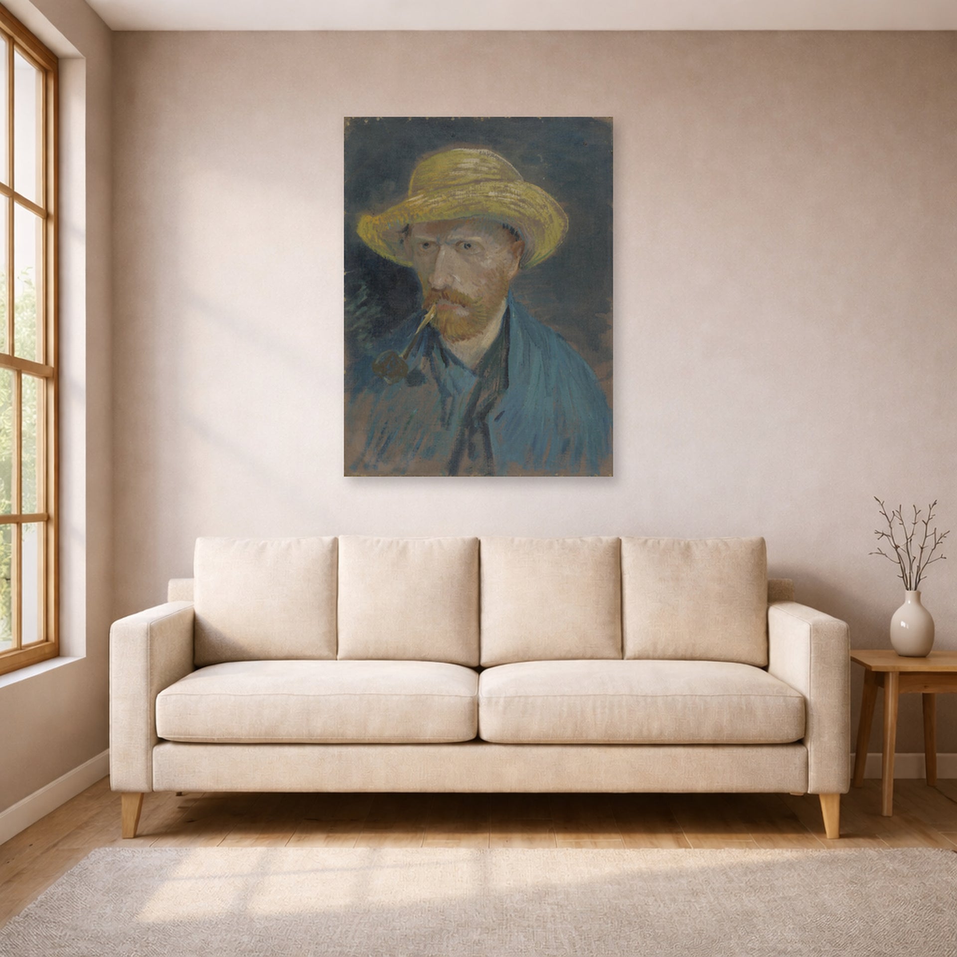 Unframed poster print of Vincent van Gogh's Self Portrait with Straw Hat and Pipe displayed on a wall in a living room