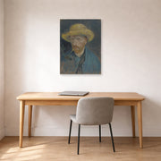 Unframed poster print of Vincent van Gogh's Self Portrait with Straw Hat and Pipe displayed on a wall in a home office