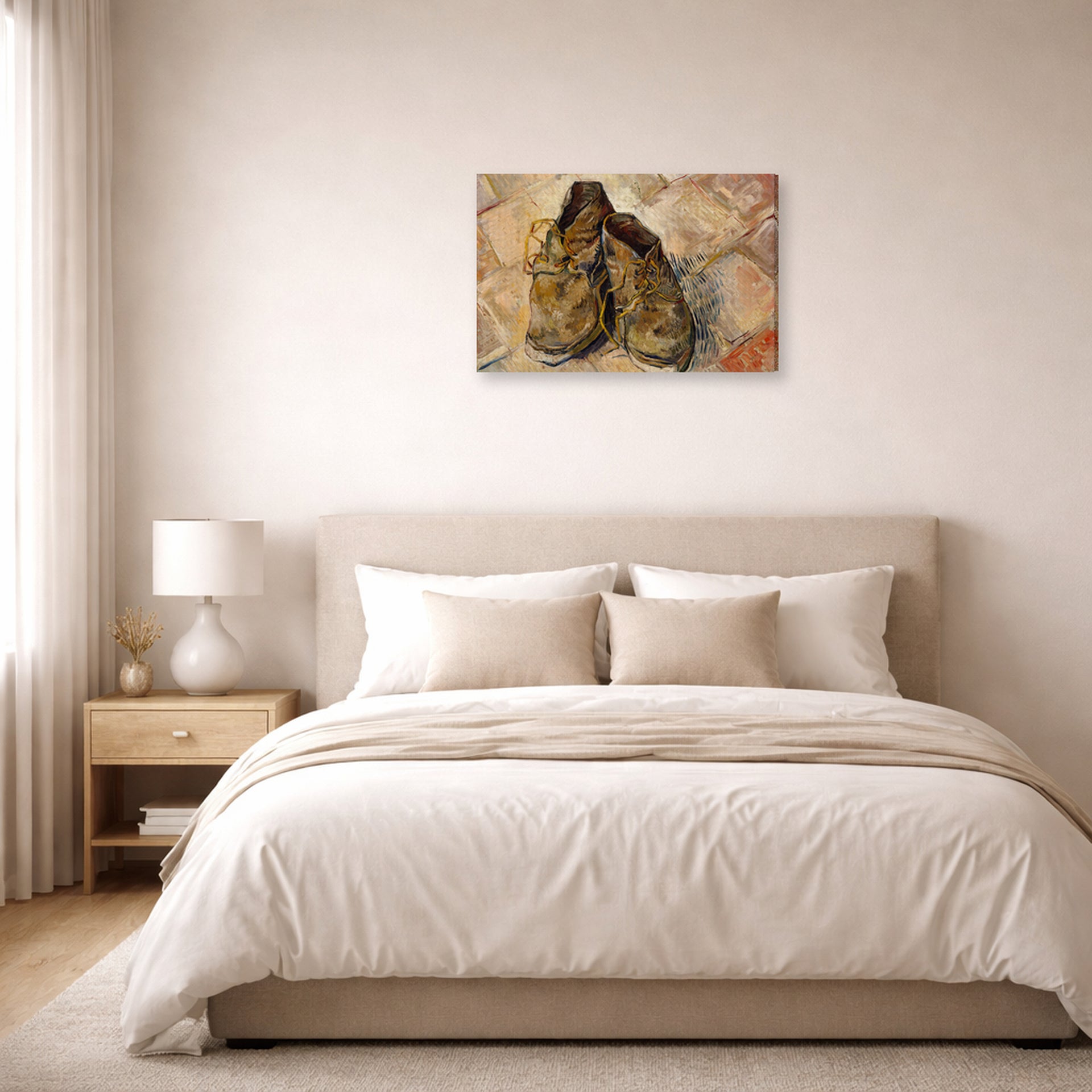 Gallery-wrapped canvas print of Vincent van Gogh's Shoes displayed on a wall in a bedroom