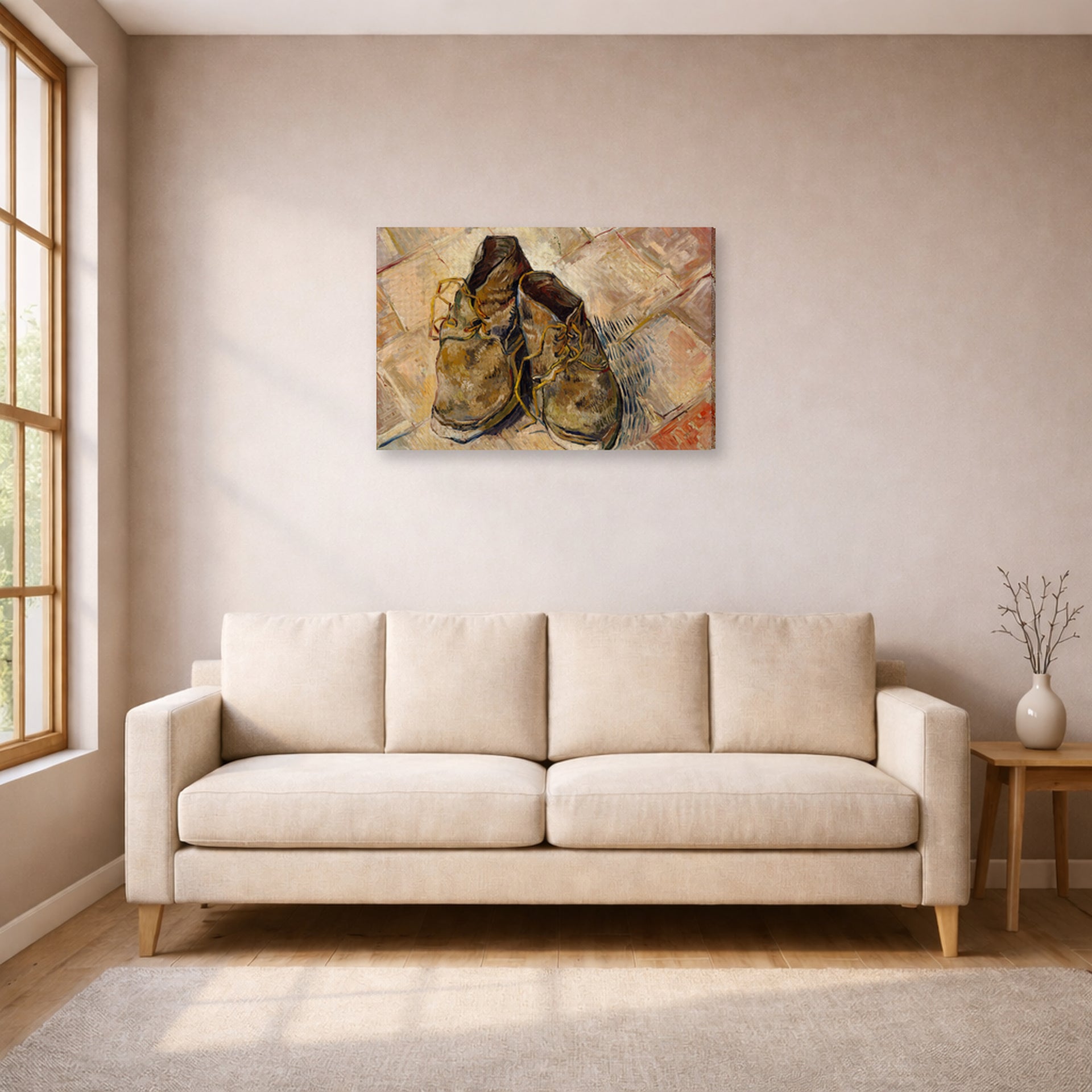 Gallery-wrapped canvas print of Vincent van Gogh's Shoes displayed on a wall in a living room