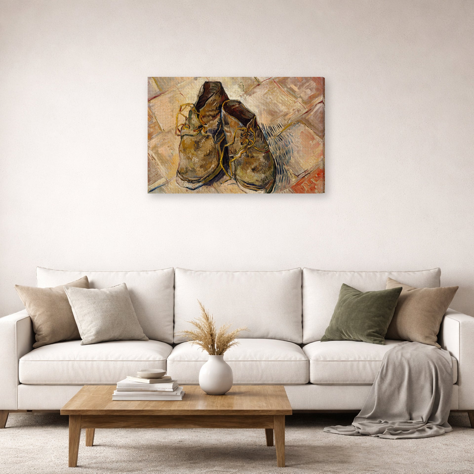 Gallery-wrapped canvas print of Vincent van Gogh's Shoes displayed on a wall in a living room