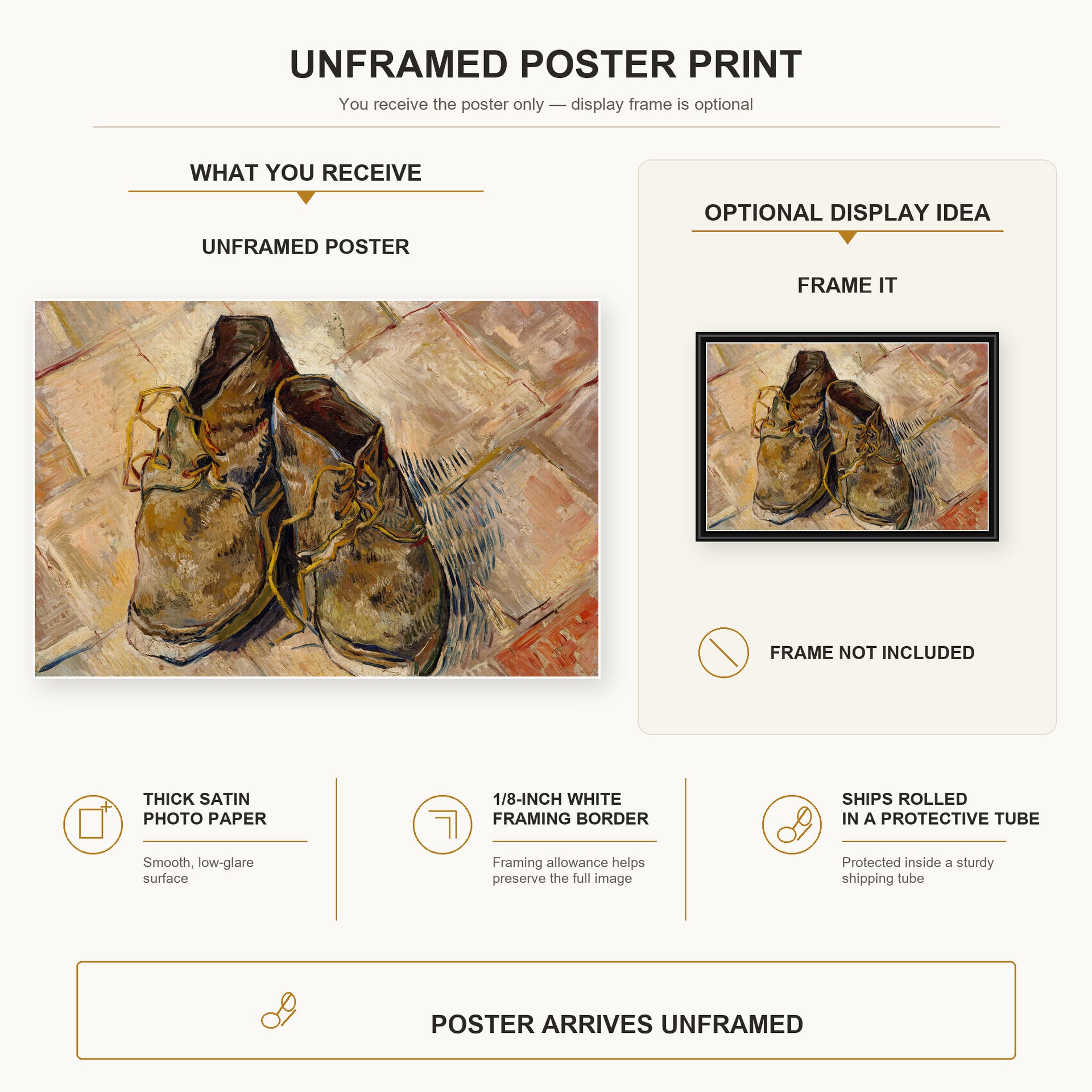 Vincent van Gogh - Shoes poster print size comparison and framing display infographic
