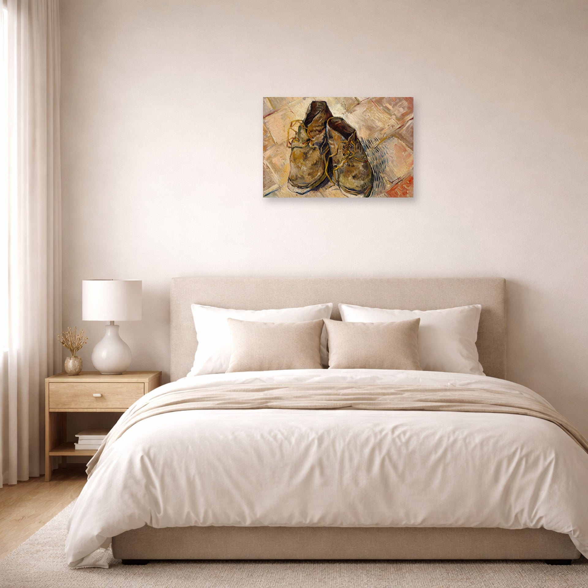 Unframed poster print of Vincent van Gogh's Shoes displayed on a wall in a bedroom
