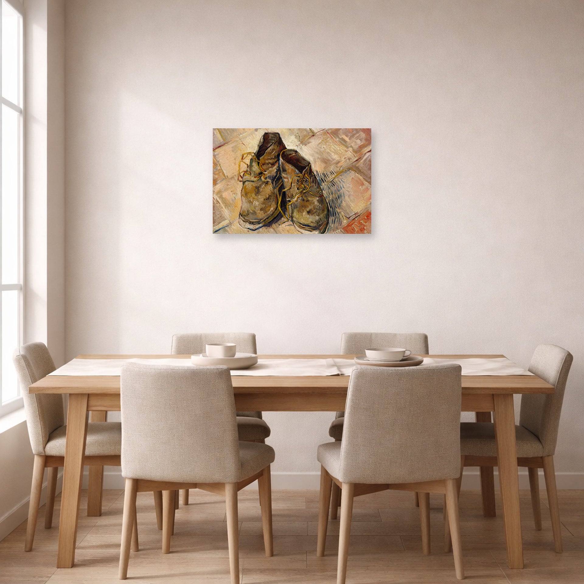 Unframed poster print of Vincent van Gogh's Shoes displayed on a wall in a dining room