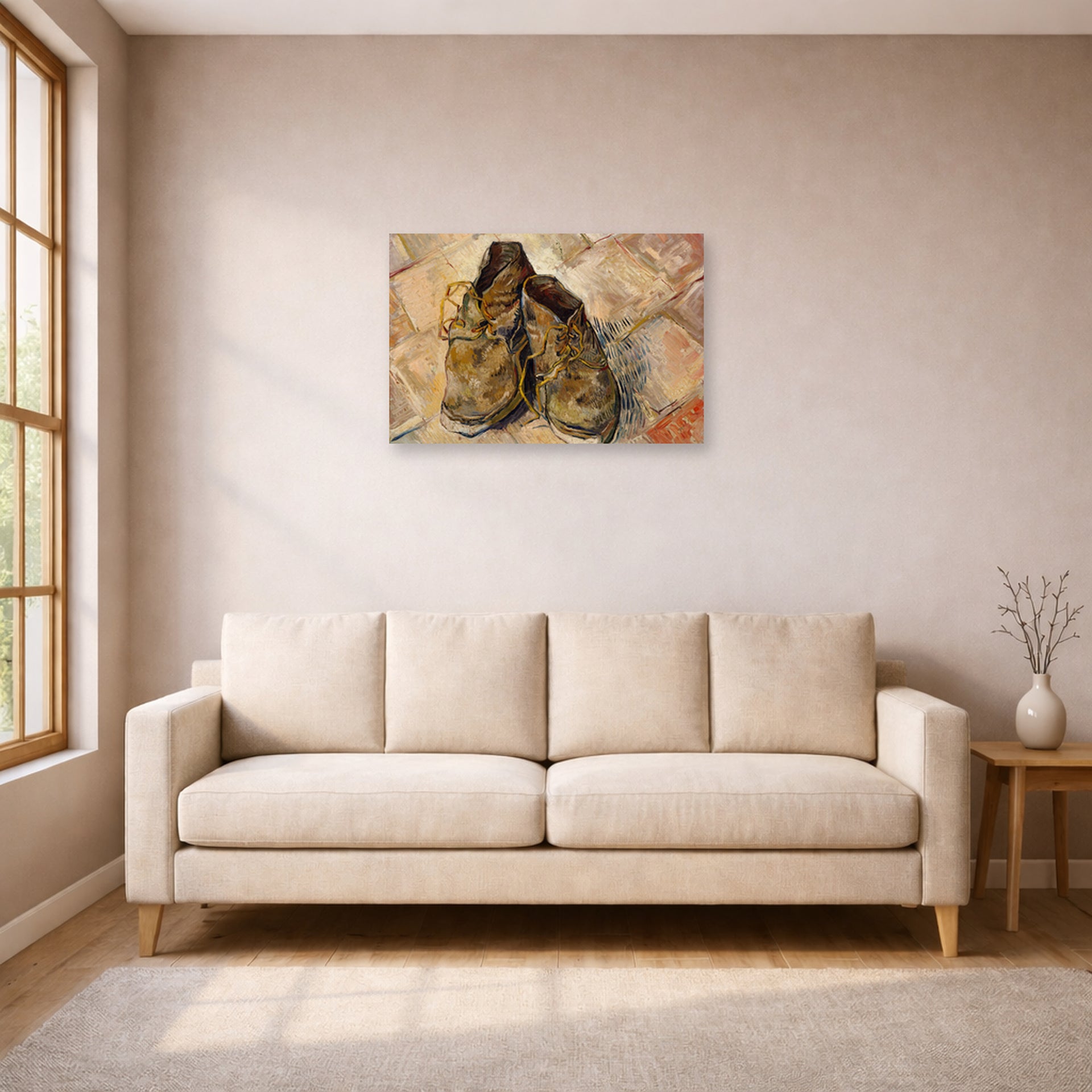 Unframed poster print of Vincent van Gogh's Shoes displayed on a wall in a living room