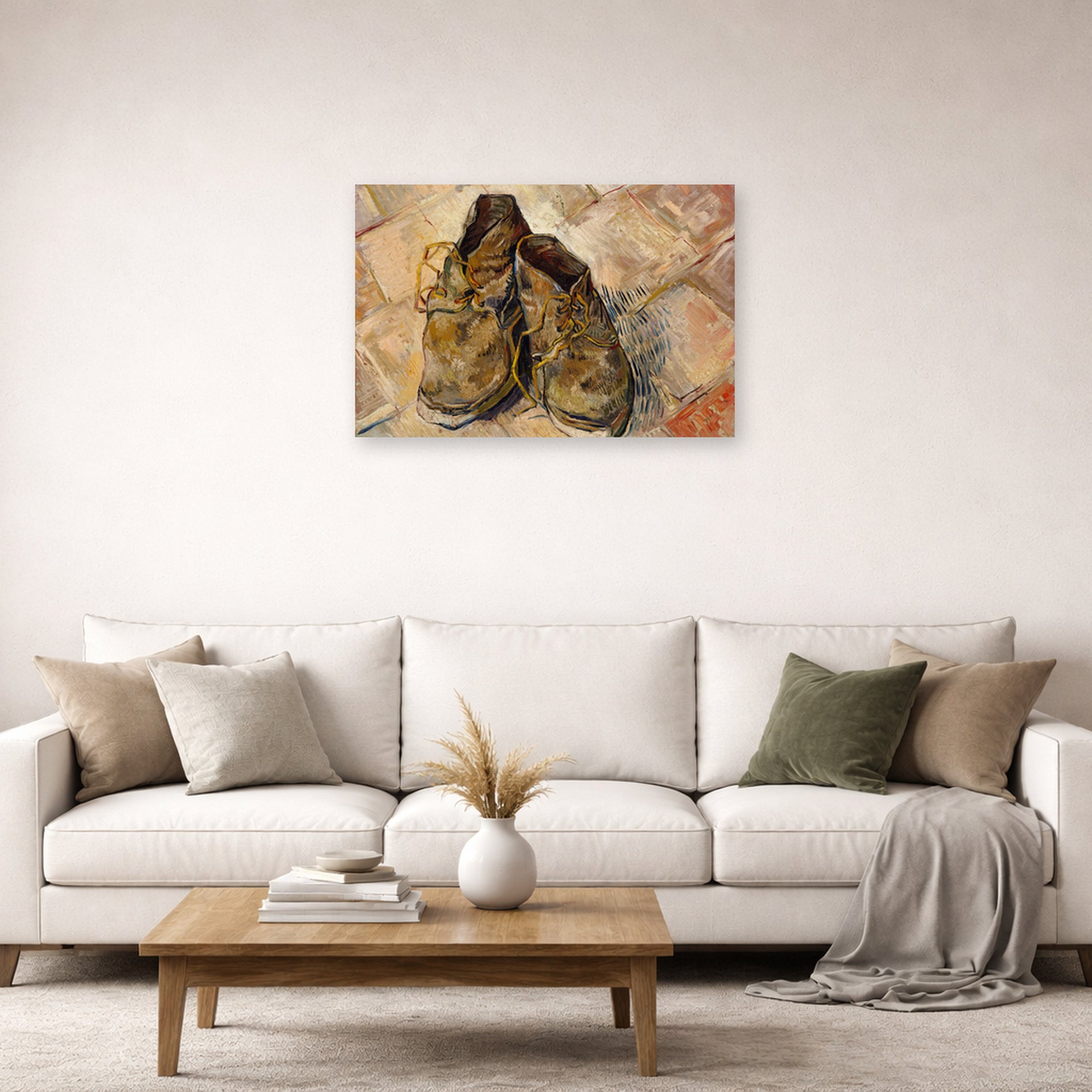 Unframed poster print of Vincent van Gogh's Shoes displayed on a wall in a living room