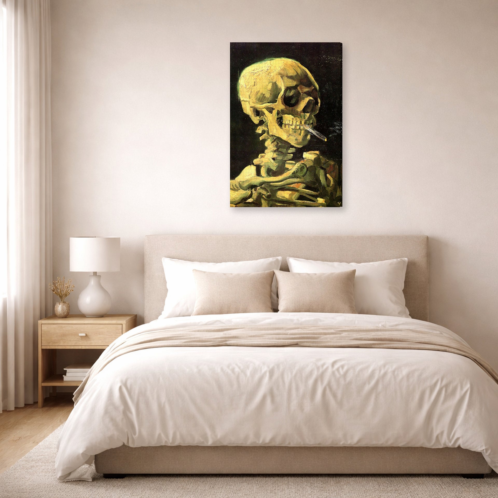 Gallery-wrapped canvas print of Vincent van Gogh's Skull with Burning Cigarette displayed on a wall in a bedroom