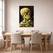 Gallery-wrapped canvas print of Vincent van Gogh's Skull with Burning Cigarette displayed on a wall in a dining room