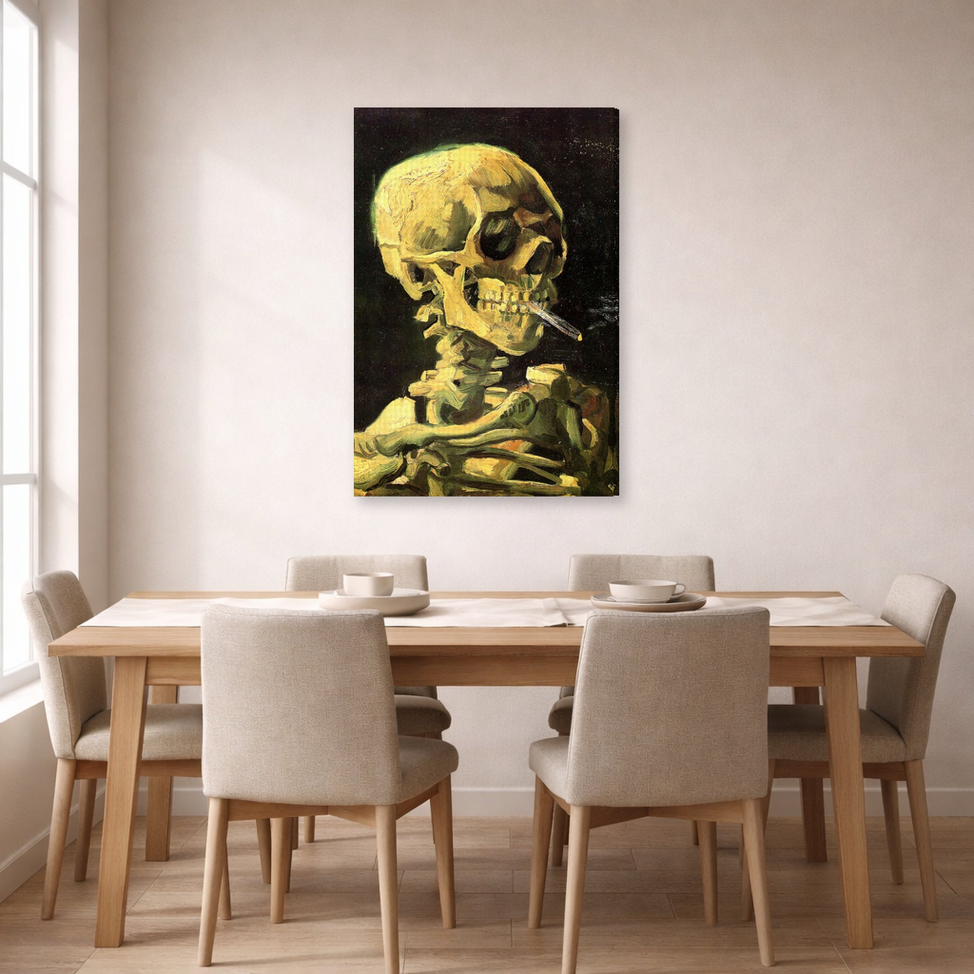 Gallery-wrapped canvas print of Vincent van Gogh's Skull with Burning Cigarette displayed on a wall in a dining room