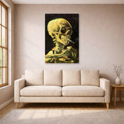 Gallery-wrapped canvas print of Vincent van Gogh's Skull with Burning Cigarette displayed on a wall in a living room