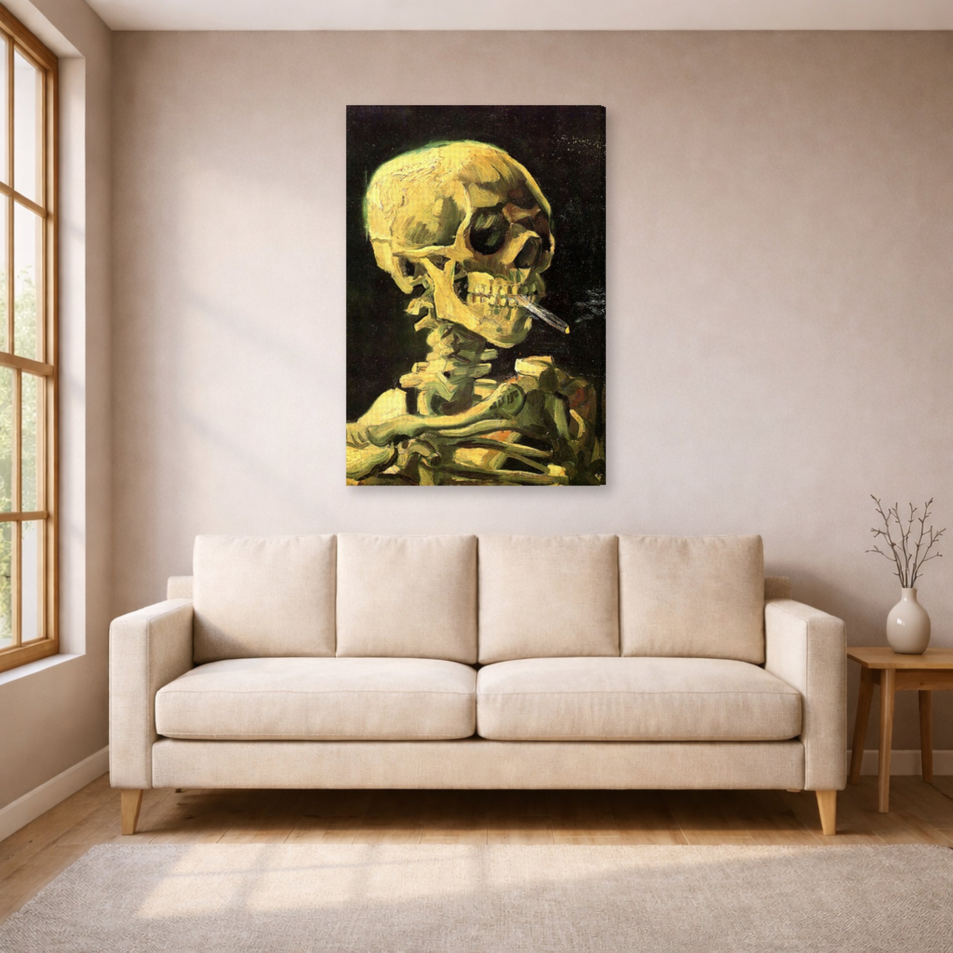 Gallery-wrapped canvas print of Vincent van Gogh's Skull with Burning Cigarette displayed on a wall in a living room
