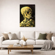 Gallery-wrapped canvas print of Vincent van Gogh's Skull with Burning Cigarette displayed on a wall in a living room