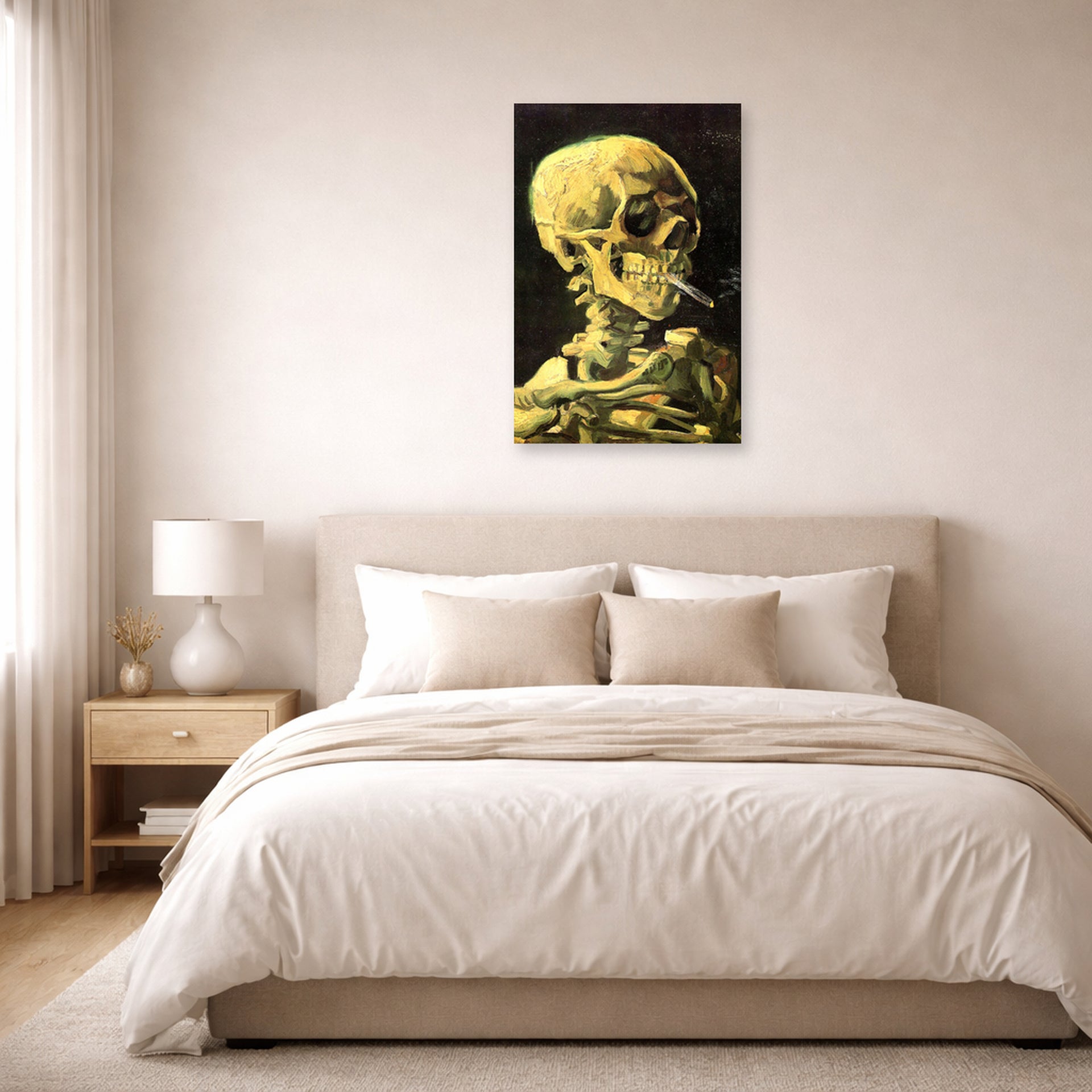 Unframed poster print of Vincent van Gogh's Skull with Burning Cigarette displayed on a wall in a bedroom