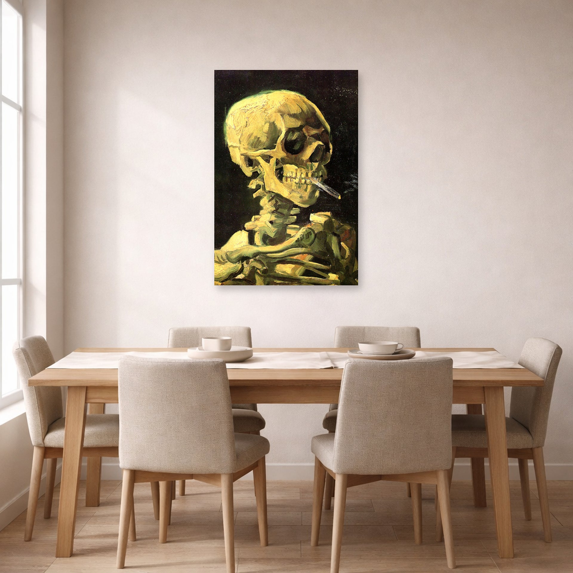 Unframed poster print of Vincent van Gogh's Skull with Burning Cigarette displayed on a wall in a dining room