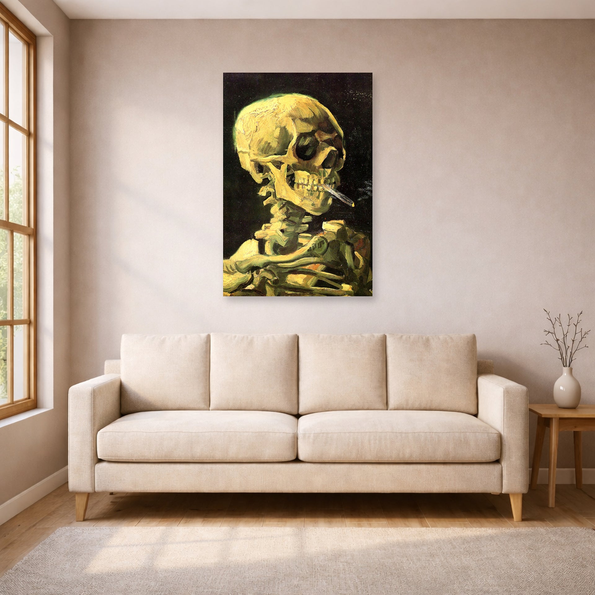 Unframed poster print of Vincent van Gogh's Skull with Burning Cigarette displayed on a wall in a living room
