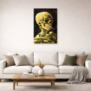 Unframed poster print of Vincent van Gogh's Skull with Burning Cigarette displayed on a wall in a living room