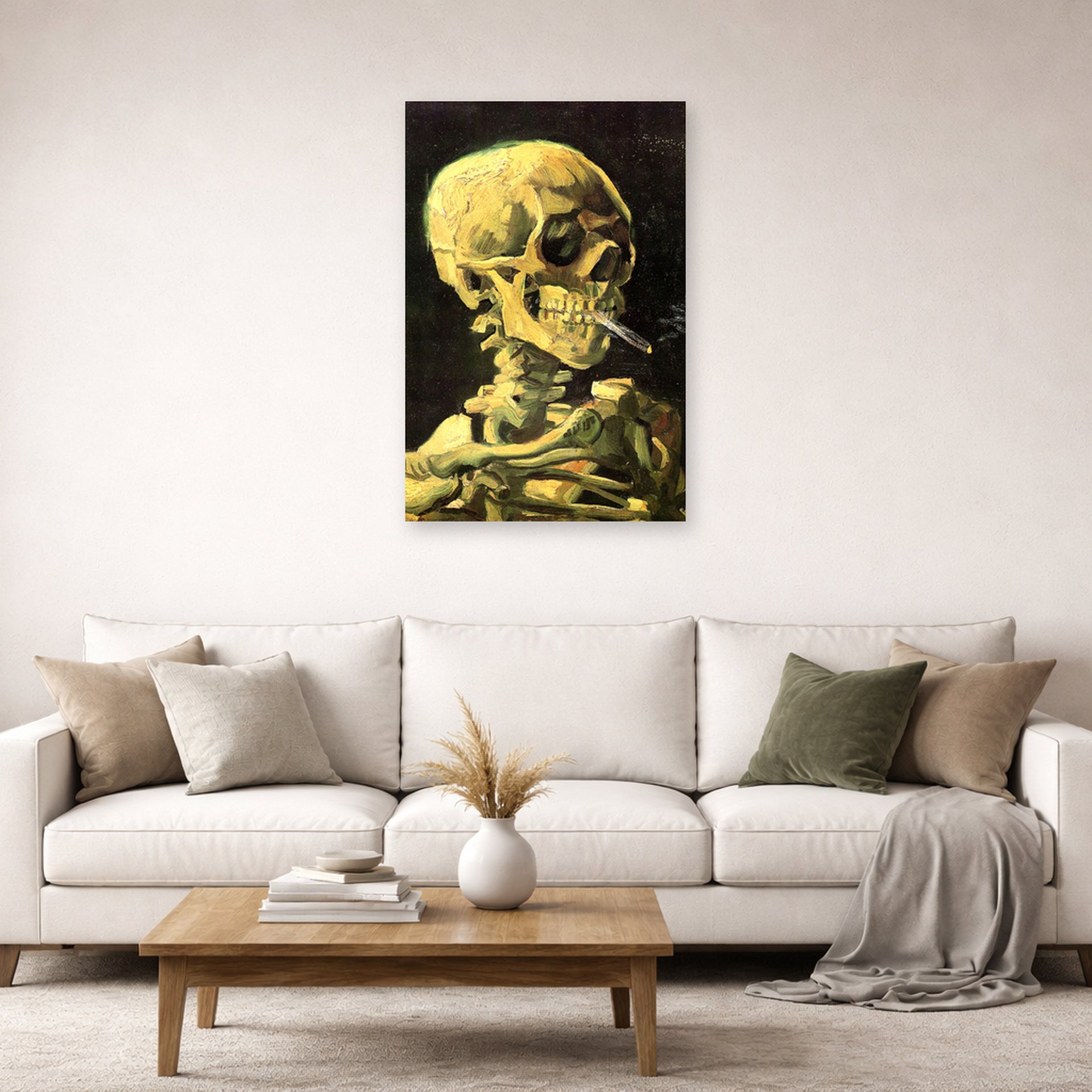 Unframed poster print of Vincent van Gogh's Skull with Burning Cigarette displayed on a wall in a living room