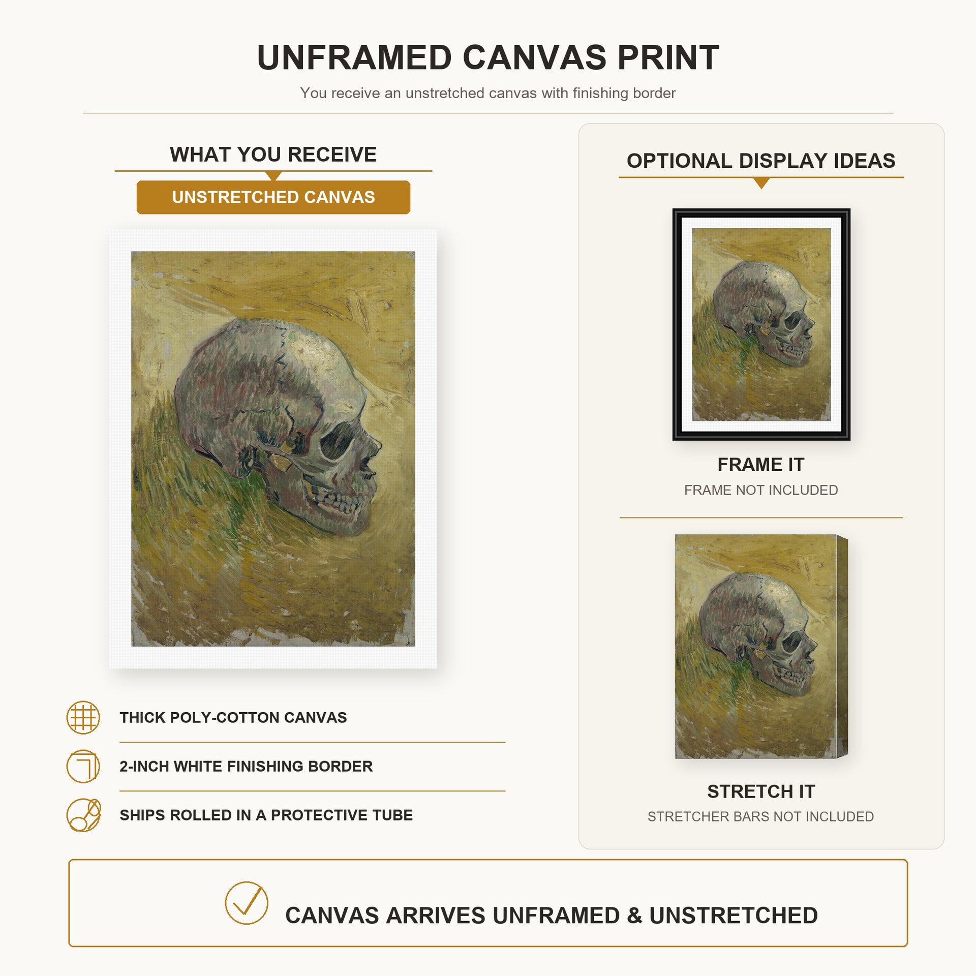 Vincent van Gogh - Skull canvas print size comparison and framing display infographic