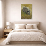 Gallery-wrapped canvas print of Vincent van Gogh's Skull displayed on a wall in a bedroom