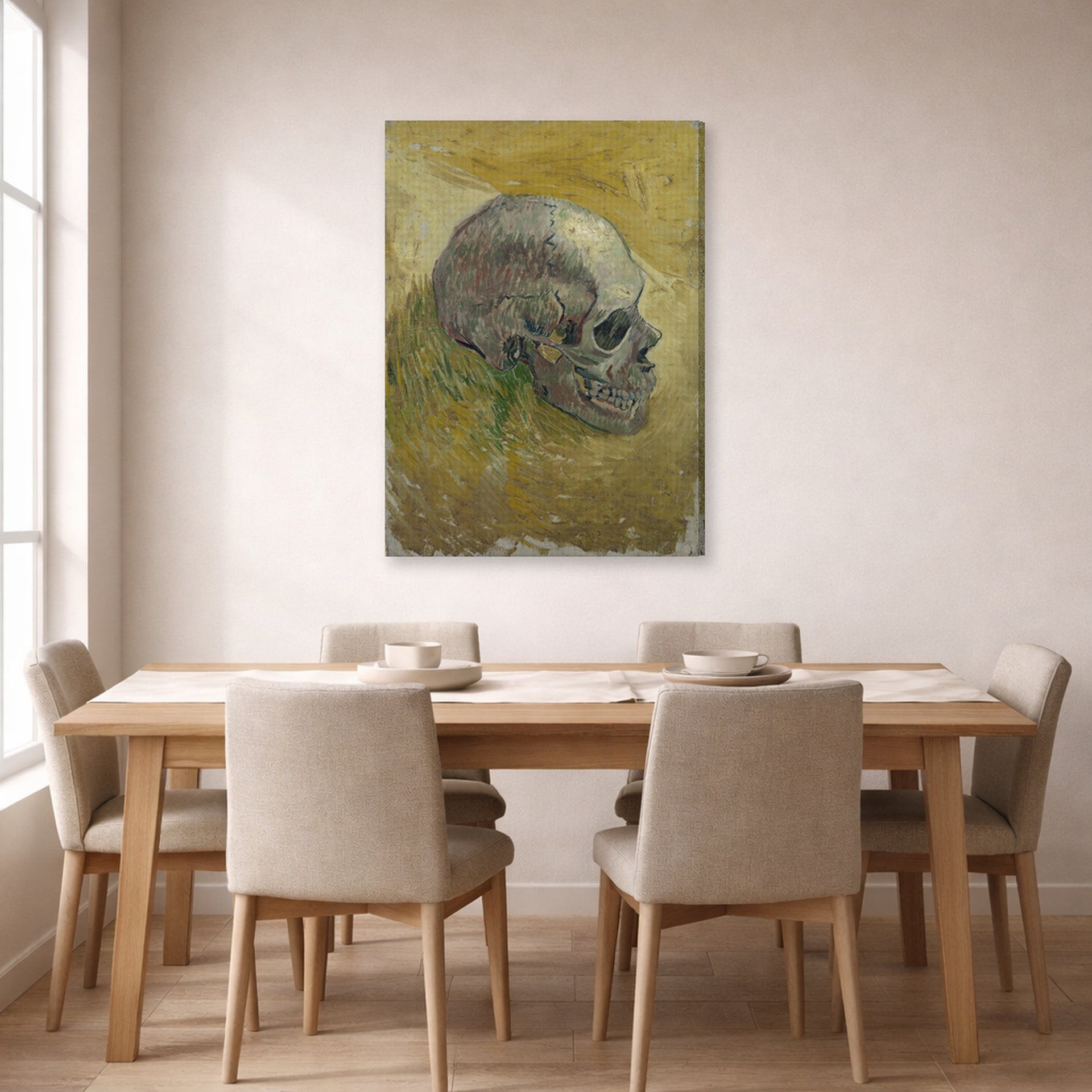 Gallery-wrapped canvas print of Vincent van Gogh's Skull displayed on a wall in a dining room