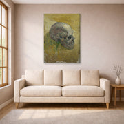 Gallery-wrapped canvas print of Vincent van Gogh's Skull displayed on a wall in a living room