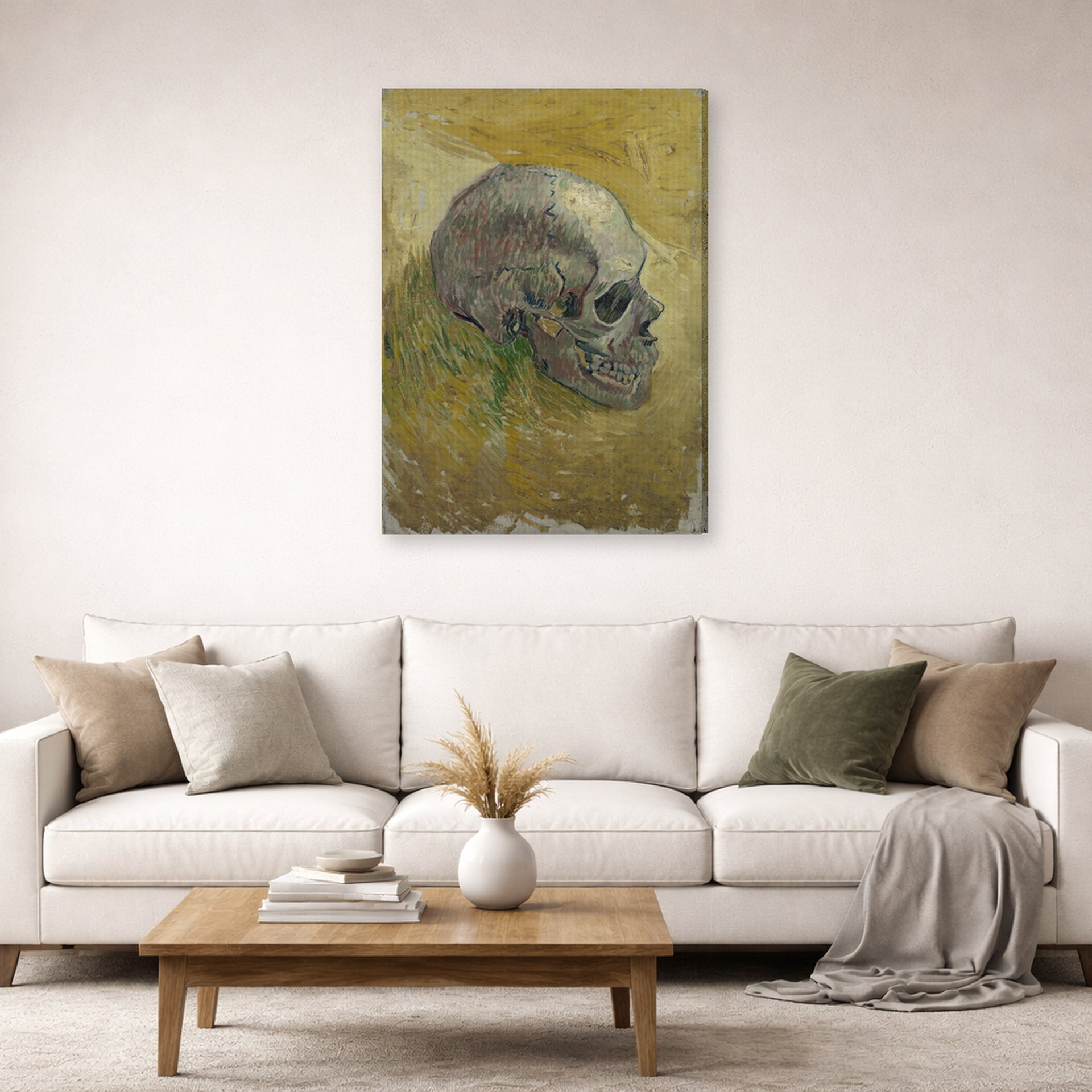 Gallery-wrapped canvas print of Vincent van Gogh's Skull displayed on a wall in a living room