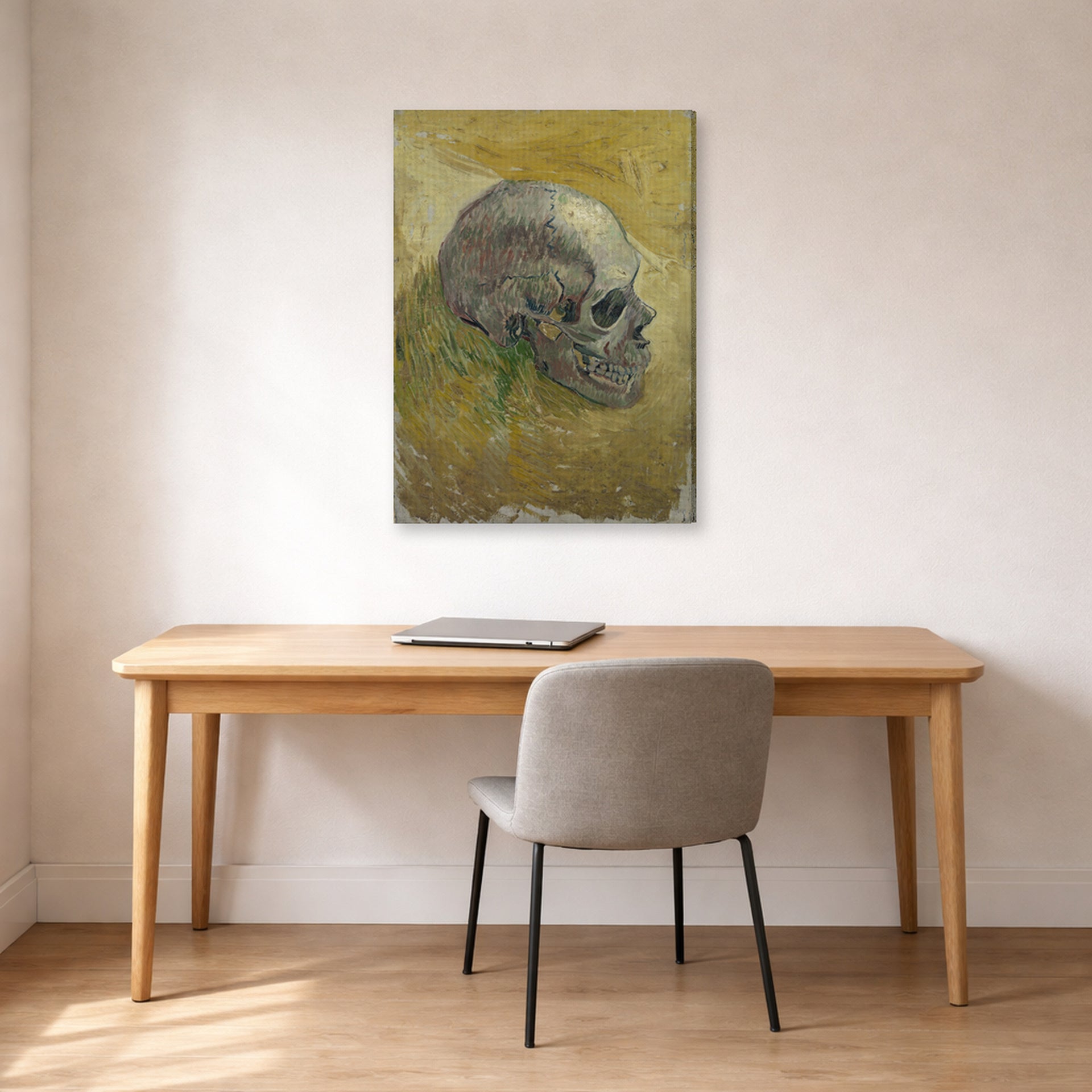 Gallery-wrapped canvas print of Vincent van Gogh's Skull displayed on a wall in a home office