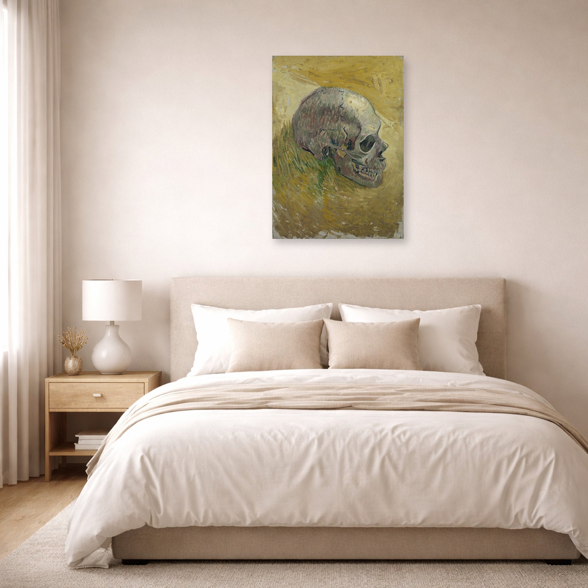 Unframed poster print of Vincent van Gogh's Skull displayed on a wall in a bedroom