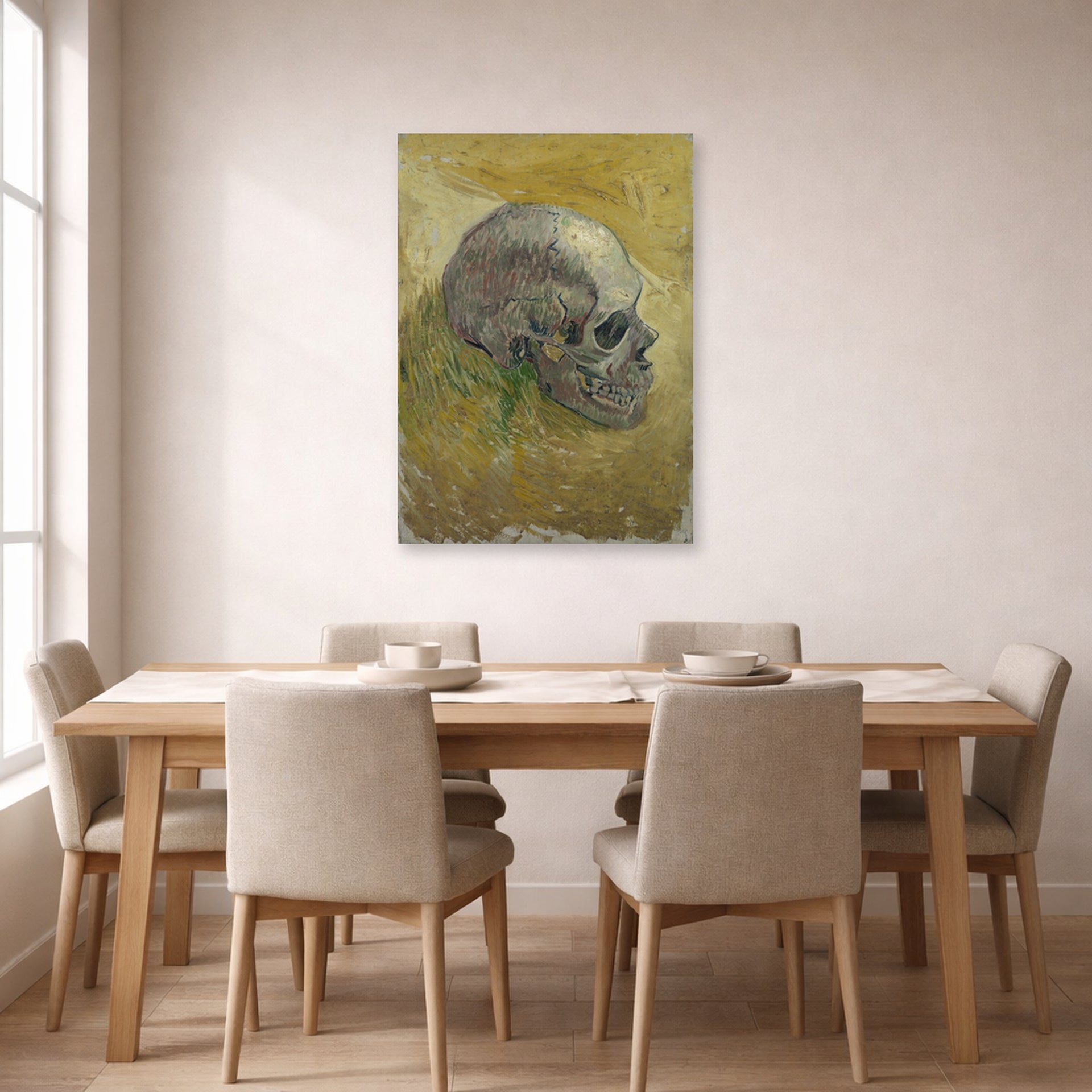 Unframed poster print of Vincent van Gogh's Skull displayed on a wall in a dining room