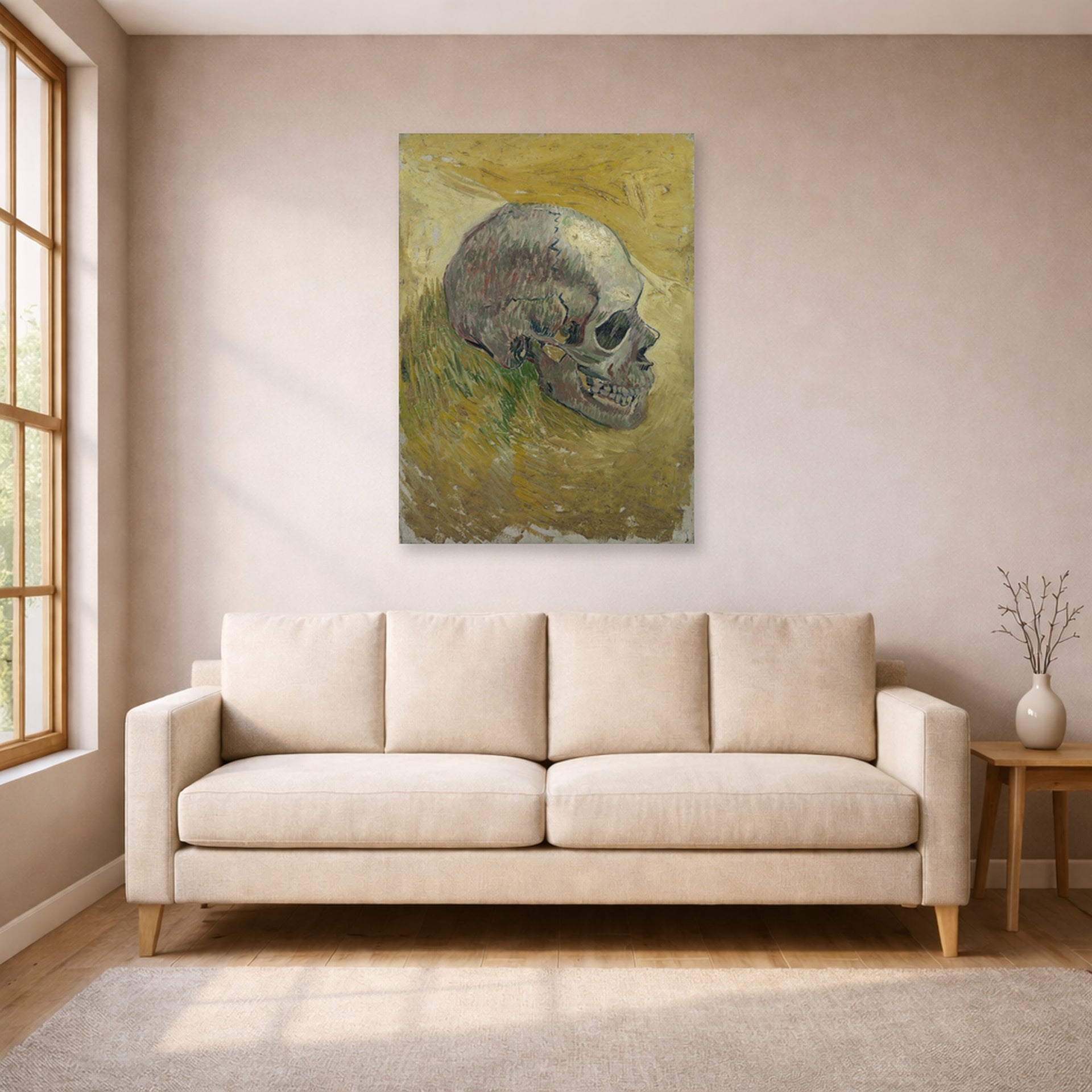 Unframed poster print of Vincent van Gogh's Skull displayed on a wall in a living room