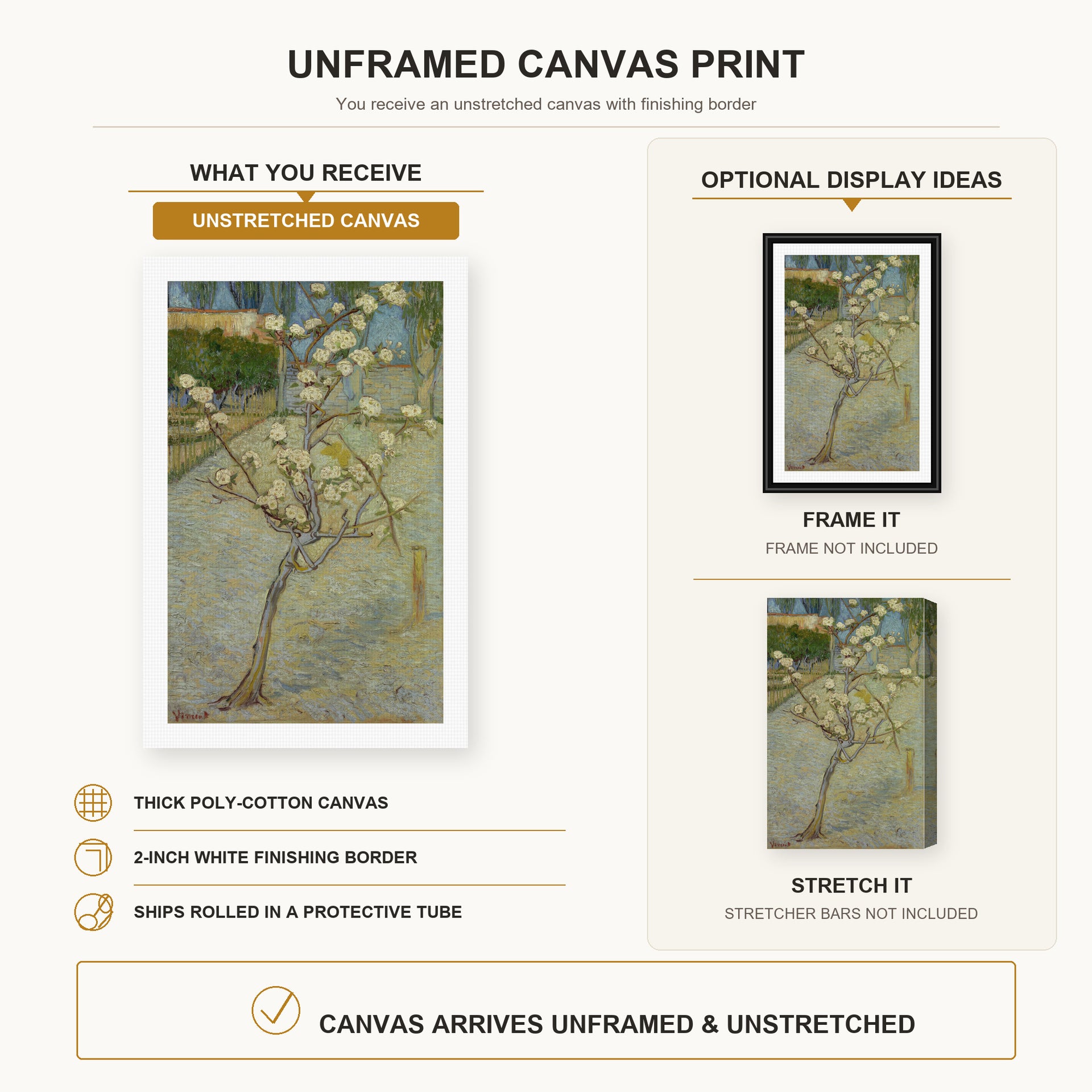 Vincent van Gogh - Small Pear Tree in Blossom canvas print size comparison and framing display infographic