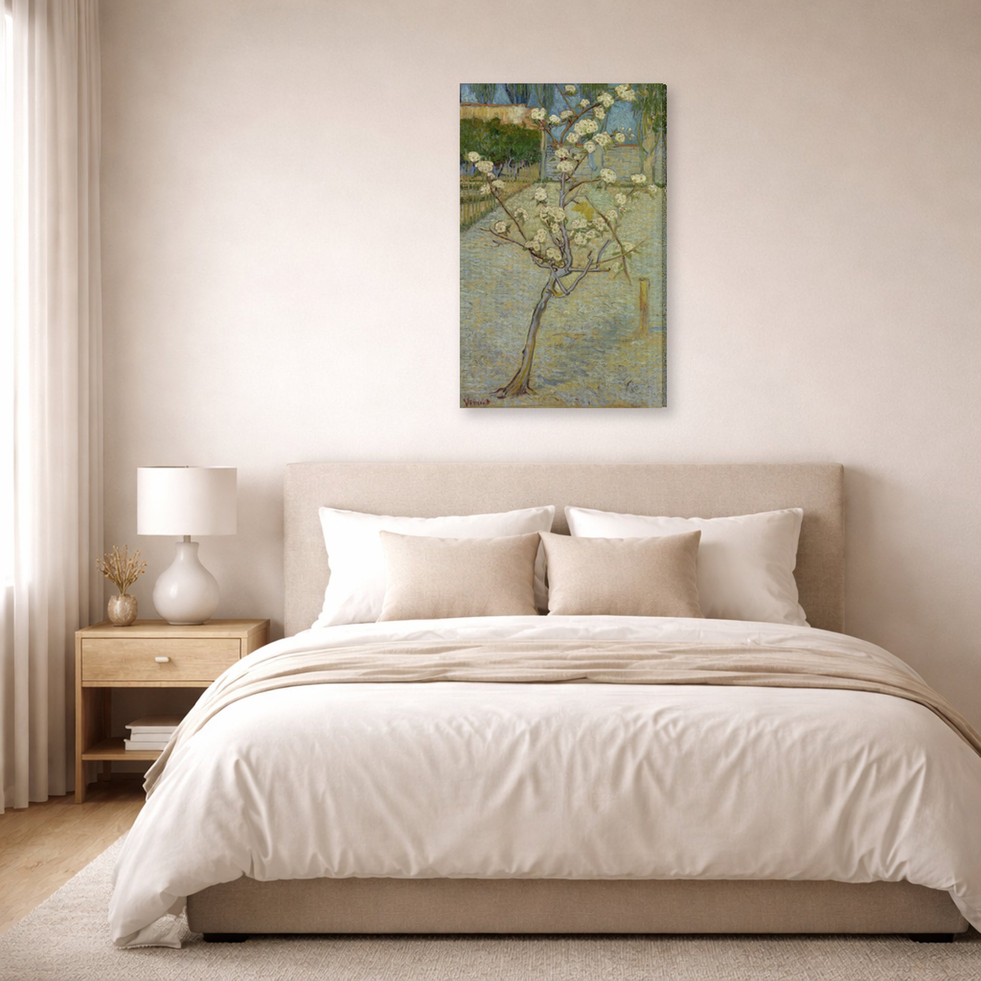 Gallery-wrapped canvas print of Vincent van Gogh's Small Pear Tree in Blossom displayed on a wall in a bedroom
